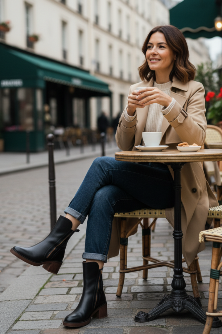 Valorine™ | Black leather boot with a comfortable heel, elegant and timeless